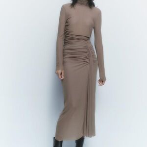 Zara Women's Tan/ Taupe Gathered Tulle Maxi Skirt